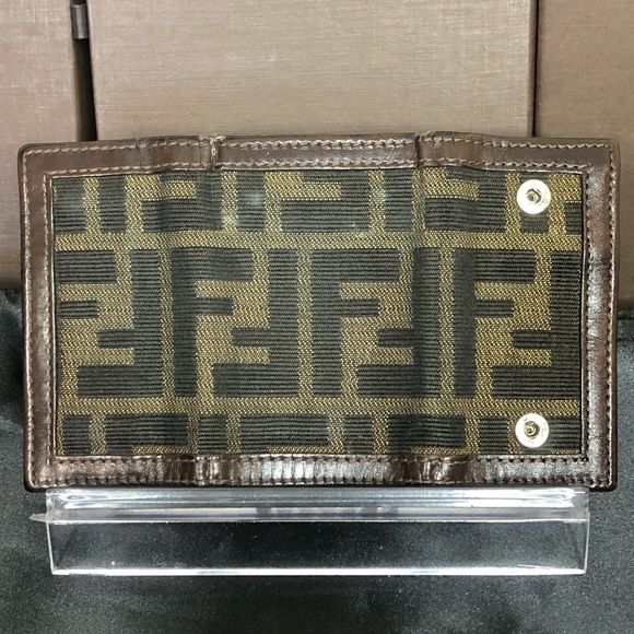 MFENDI Zucca Navy Canvas Brown Leather Trim Snap Trifold Keycase - Picture 6 of 17